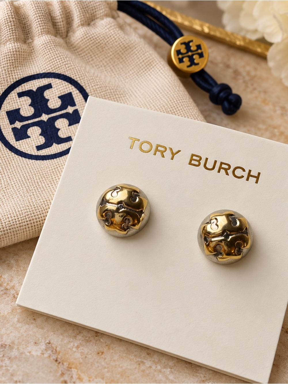Tory Burch Two-Tone Gold and Silver Round Logo Stud Earrings
